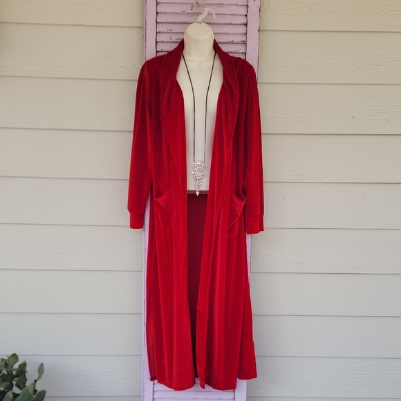 💗 Velour Long Open Front Unlined Long Sleeve Cardigan Duster Red L NWOT - Picture 3 of 10